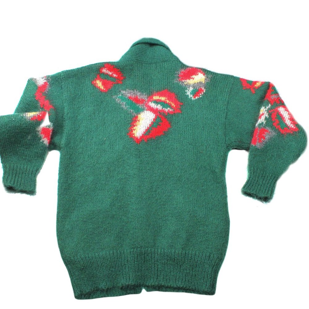 Vintage 90s Mohair Cardigan Sweater Shawl Collar Ribbed Knit Green Leafs Pockets - Picture 3 of 12